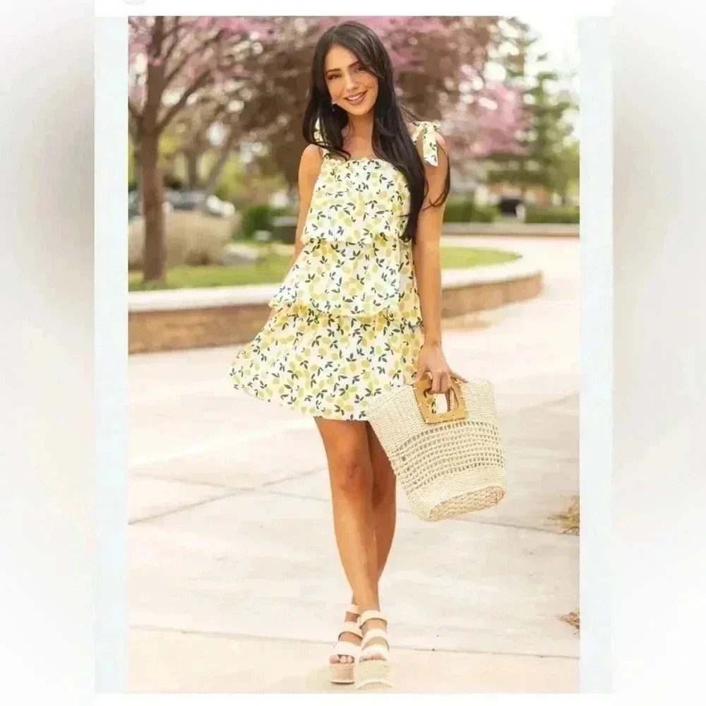 Lush Off White Lemon Print Ruffle Tiered Mini Dress Sz Small - Picture 2 of 16